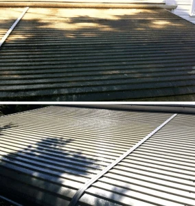 Metal roof shown before and after cleaning
